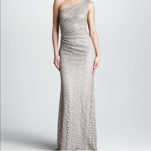 David Meister tan one shoulder lace formal maxi dress size 4